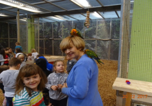 Dzieci z nauczycielką oraz papugami,które przysiadły na głowie i ramieniu nauczycielki.